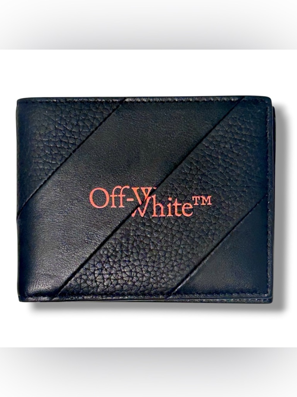 Off-White Black Leather Diag Intarsia Bifold Card Holder w/ Orange Lettering